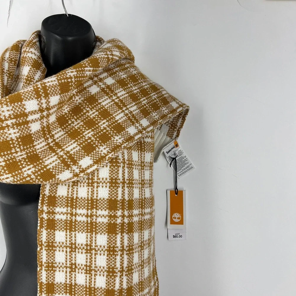 Timberland Mens Plaid Knit Scarf Wheat Logo Patch Ribbed Trim NWT